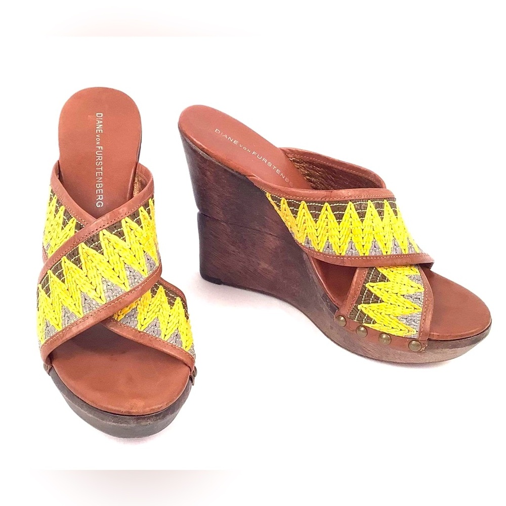 DVF Yellow and Brown Wedge Sandals with Criss-Cross Straps